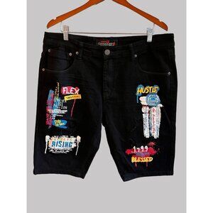 Copper Rivet Jean Shorts Mens 38 Black Hip Hop‎ Denim Distressed Paint Patched